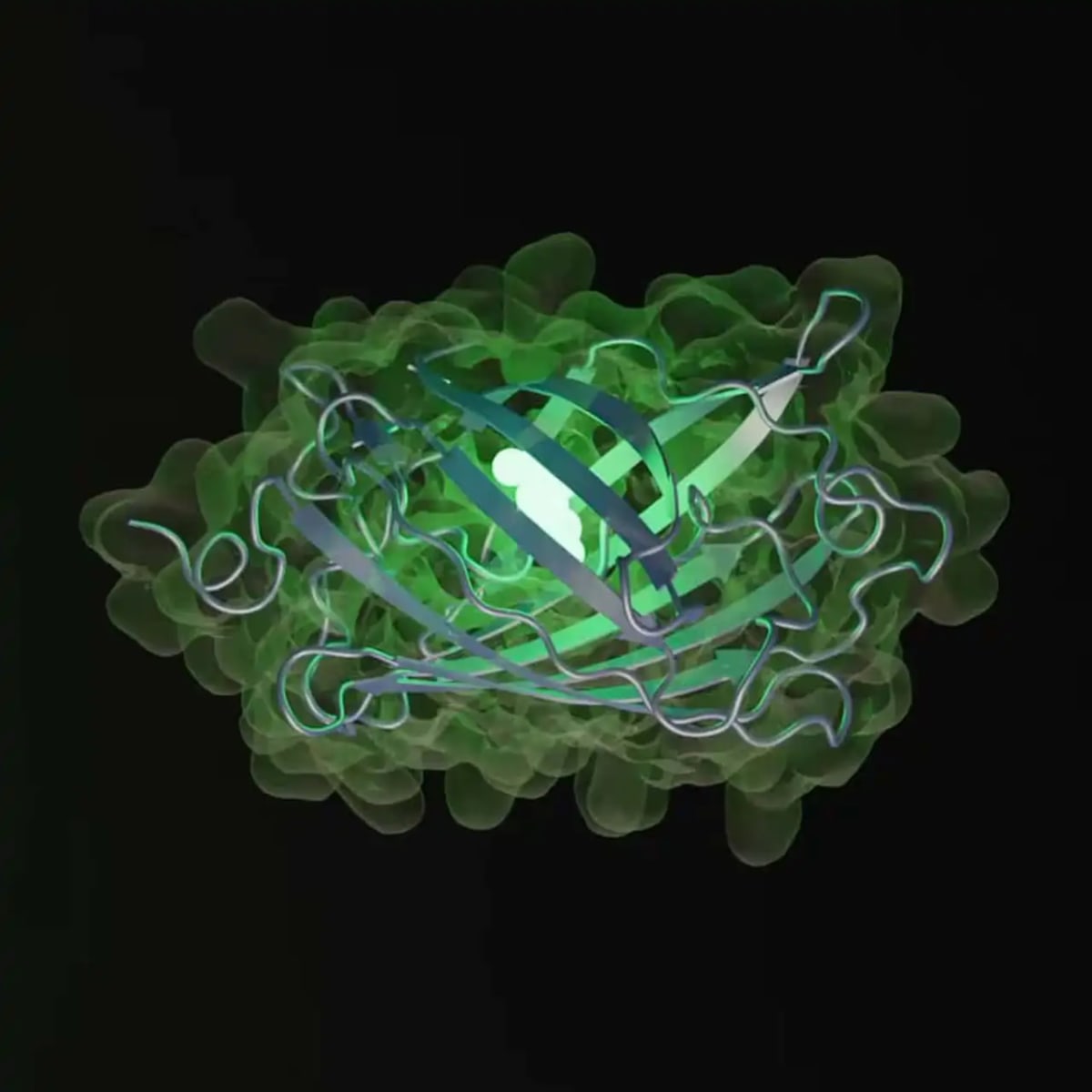 Ilustración de la nueva proteína fluorescente esmGFP, creada por inteligencia artificial tras simular 500 millones de años de evolución.