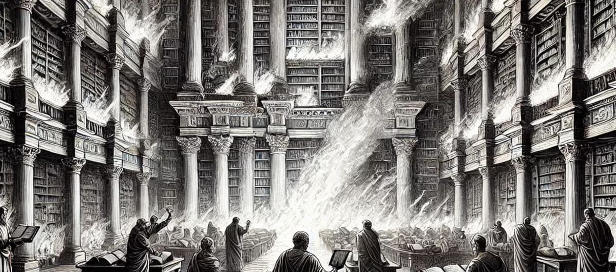Ilustración de la Gran Biblioteca de Alejandría en su esplendor.