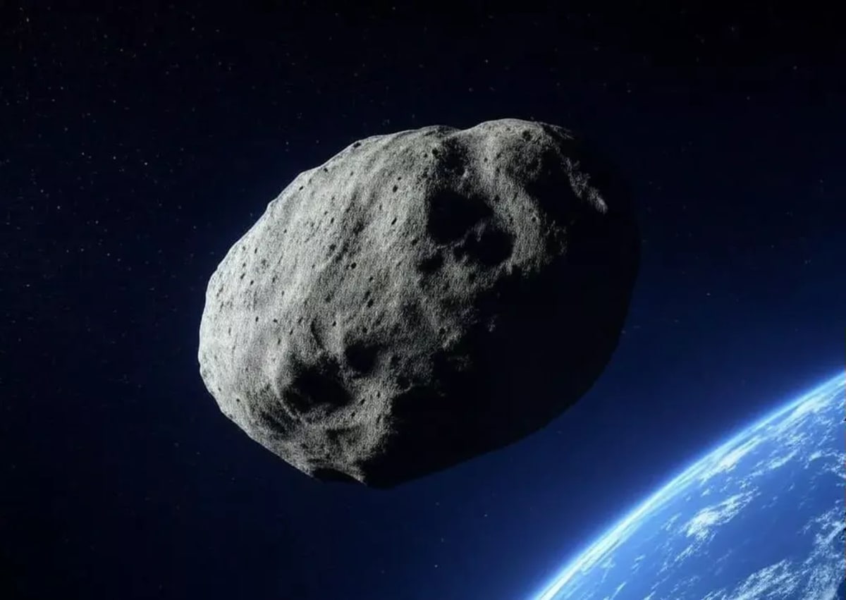 Representación del asteroide Bennu flotando en el espacio con la Tierra de fondo.