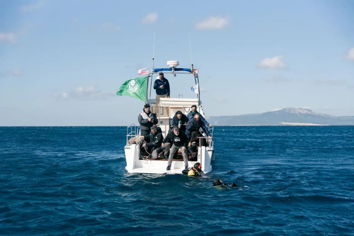 Fotografía de una embarcación con varios tripulantes en el mar, mientras dos buzos nadan cerca.