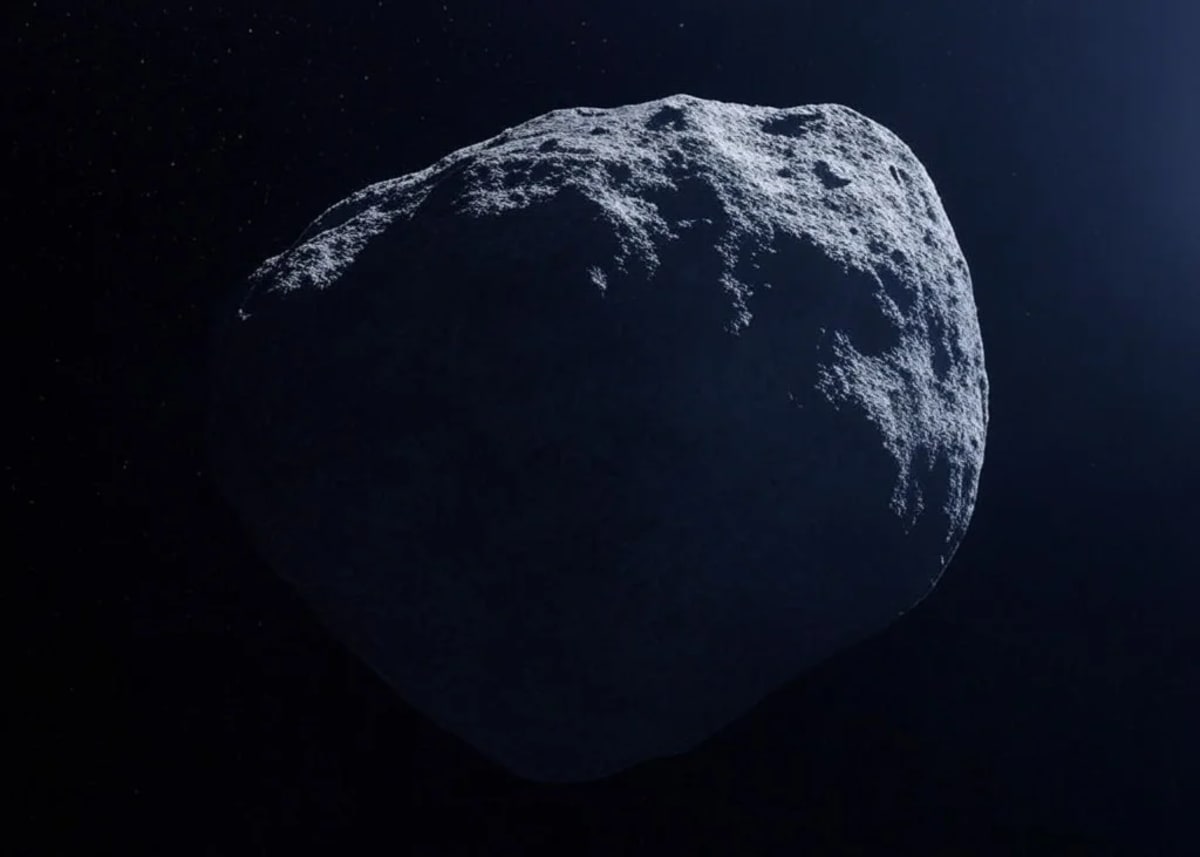 Representación del asteroide bennu en el espacio con una superficie rocosa e irregular iluminada por la luz.