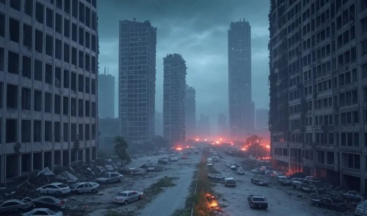 Ciudad en ruinas con edificios dañados, automóviles abandonados y un cielo oscuro, creando una atmósfera postapocalíptica.