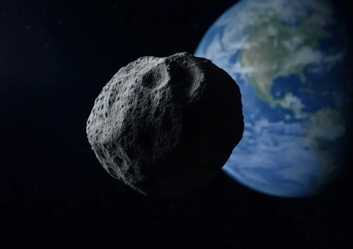 Asteroide de superficie rocosa aproximándose a la Tierra, con el planeta Tierra de fondo claramente visible desde el espacio, mostrando detalles de su atmósfera y superficie terrestre.