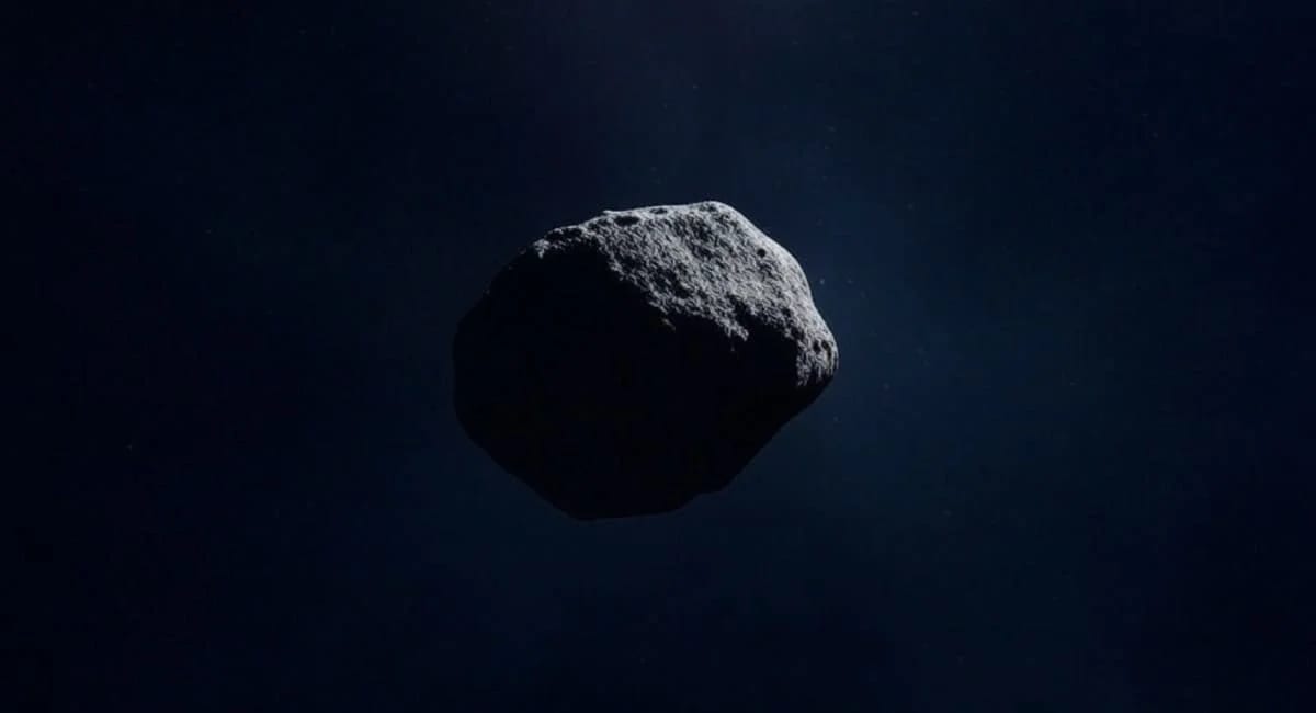 Asteroide 2024 YR4 flotando en el espacio profundo, iluminado parcialmente contra un fondo oscuro.