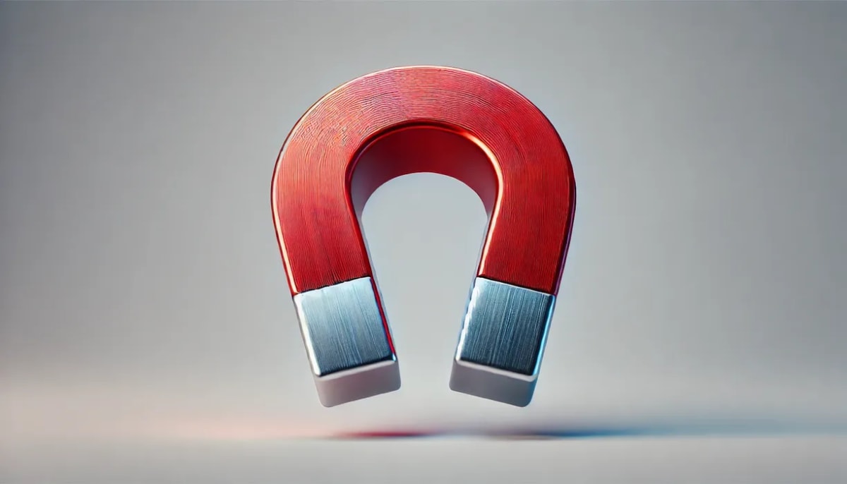 Imán de herradura rojo con extremos metálicos, suspendido sobre fondo neutro.