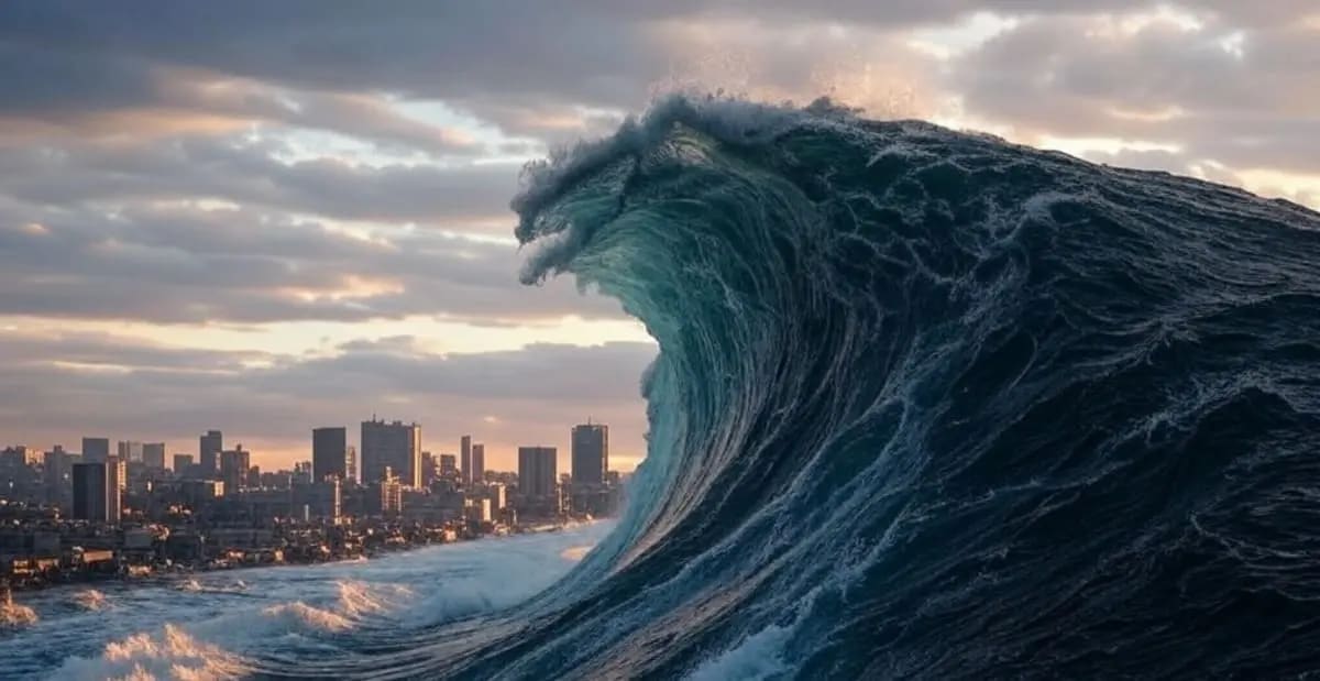 Representación de un megatsunami con una ola gigante acercándose a una ciudad costera, simbolizando la amenaza de estos fenómenos naturales.