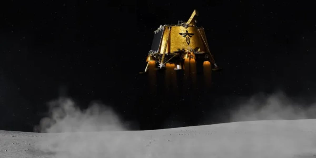 Ilustración del módulo de aterrizaje lunar Blue Ghost de Firefly descendiendo sobre la superficie de la Luna.