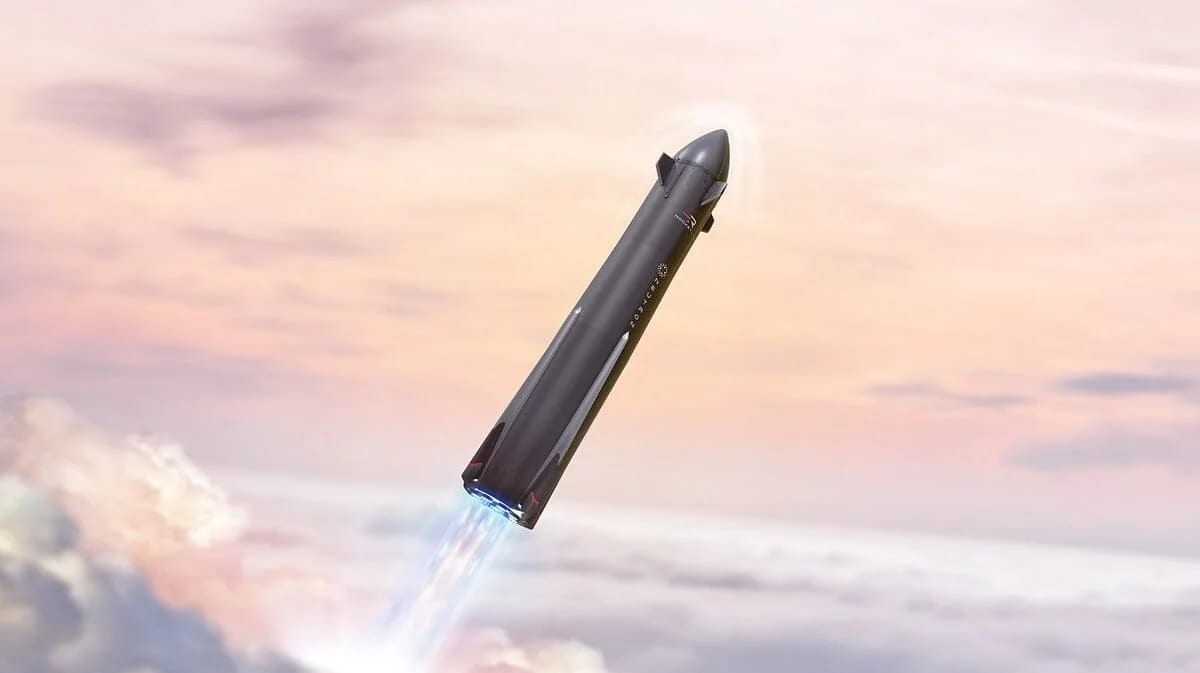 Cohete Neutron de Rocket Lab despegando al espacio, con un impresionante fondo de nubes y cielo en el horizonte.