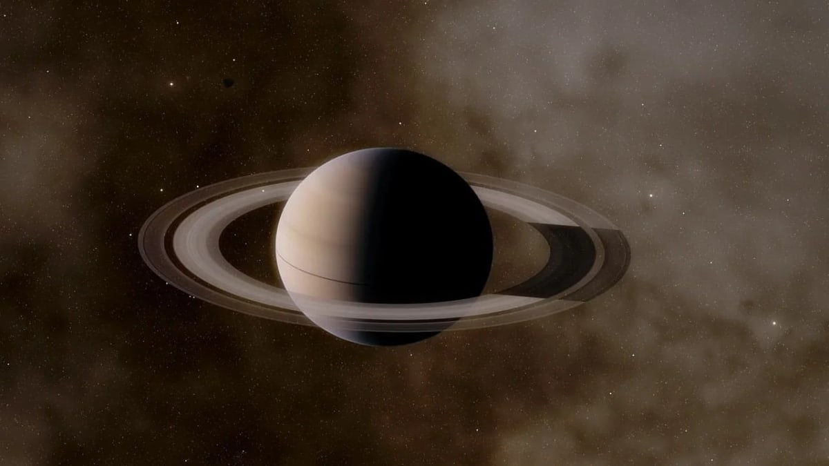 Vista detallada de Saturno desde el espacio, mostrando sus famosos anillos que lo rodean en una impresionante estructura circular, en un fondo estrellado