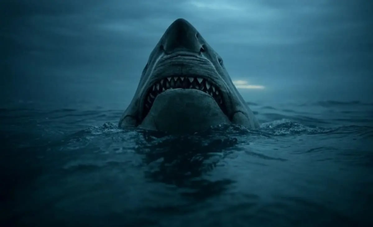 Imagen artística de un megalodón asomando sobre la superficie del agua, con su boca abierta y un cielo nublado de fondo.