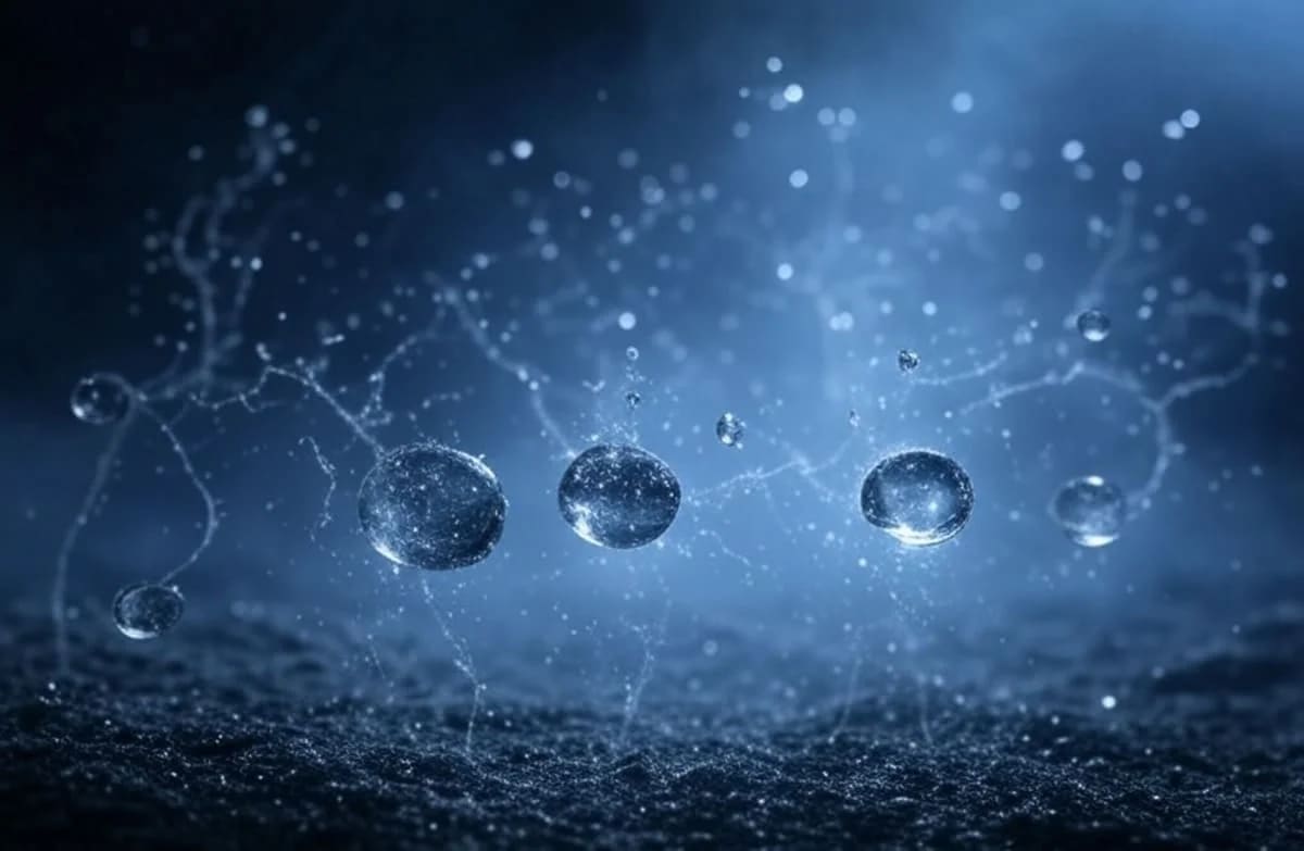 Microrrelámpagos generados entre gotas de agua, representando el posible origen de moléculas orgánicas esenciales para la vida en la Tierra primitiva.