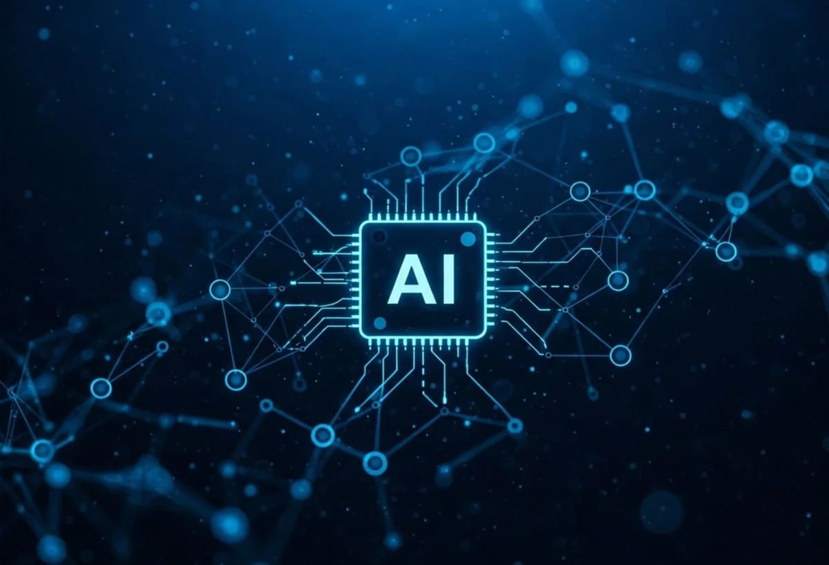 Representación conceptual de la inteligencia artificial con un microchip digital conectado a una red de datos en un fondo azul futurista