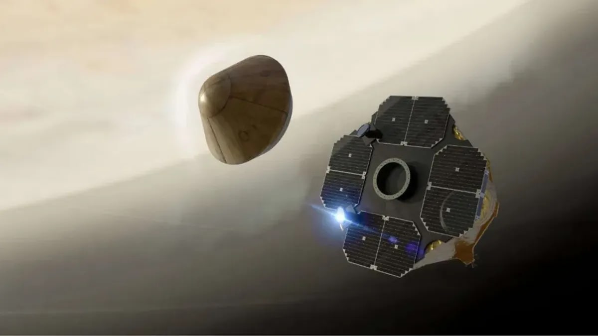 Ilustración de la nave espacial Rocket Lab Photon sobre las nubes de Venus, en su misión de exploración del planeta.