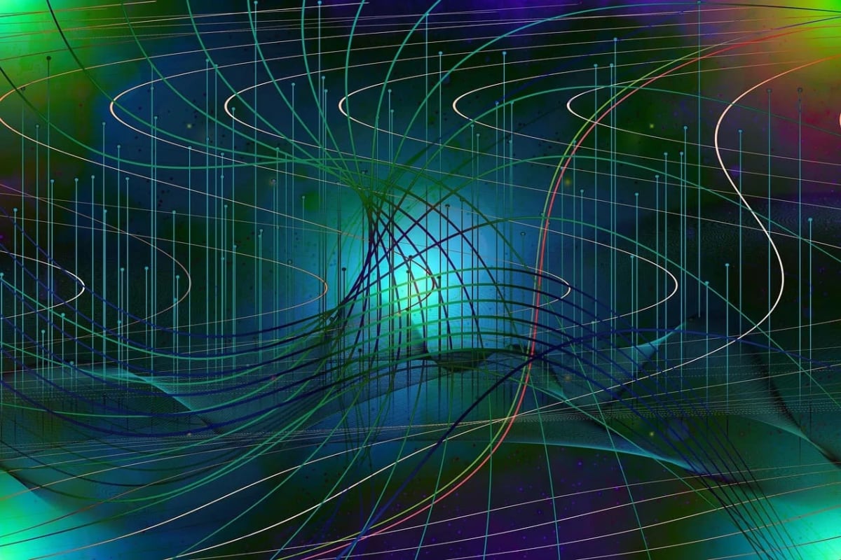 Ilustración abstracta de interconexiones cuánticas, representando la transmisión de información mediante fotones en guías de ondas superconductoras.