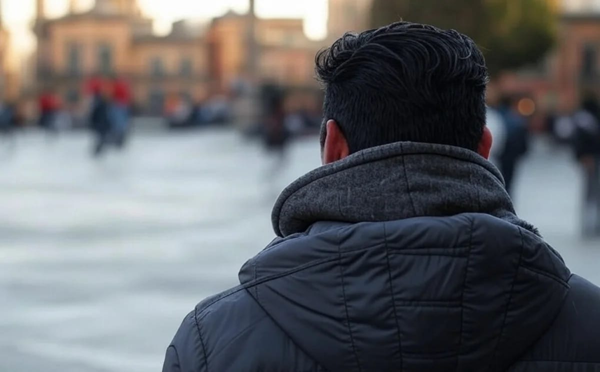 Persona de espaldas usando abrigo y bufanda en una plaza de la Ciudad de México durante un día frío con ambiente invernal.