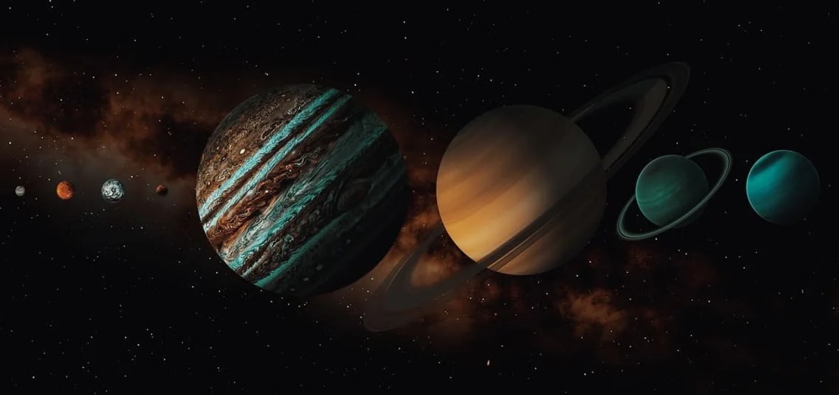 Ilustración artística de los ocho planetas del sistema solar alineados en el espacio sobre un fondo estrellado.