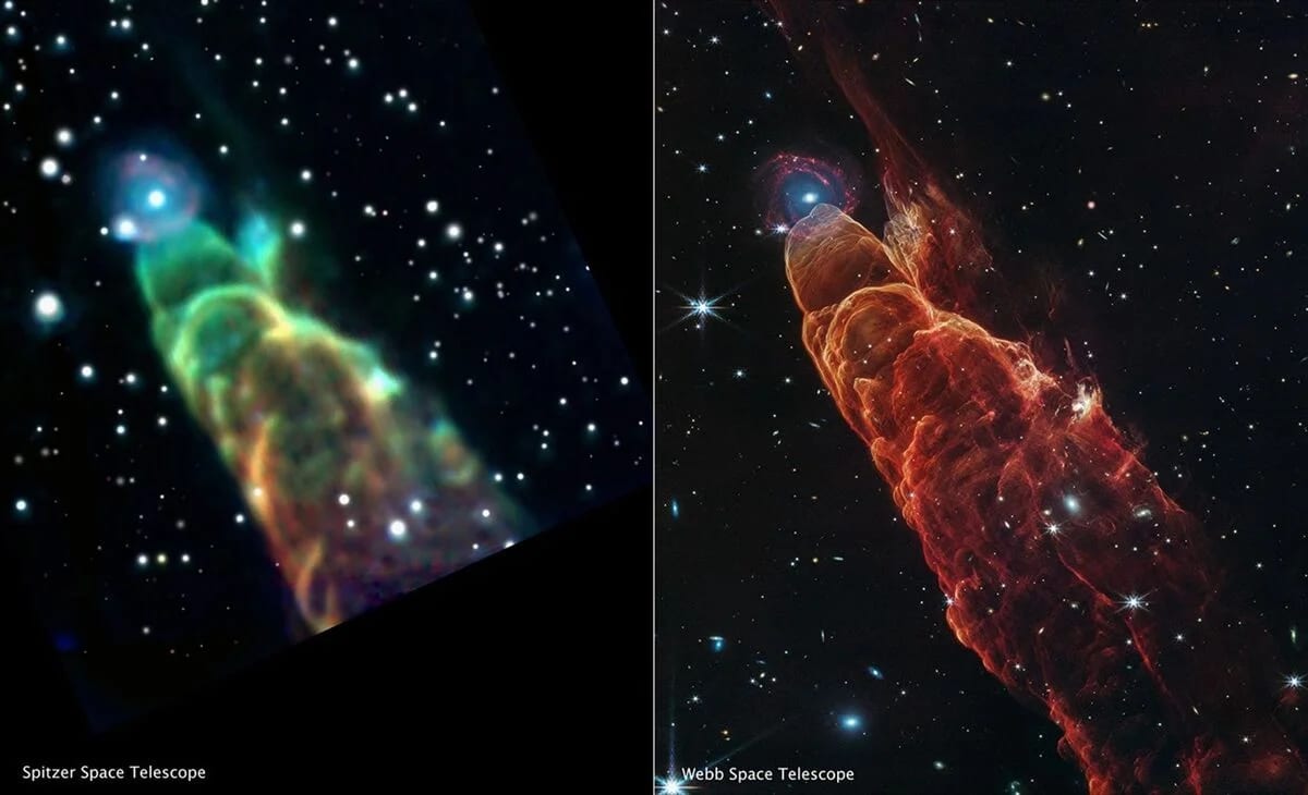 Comparación del chorro estelar Herbig-Haro 49/50 entre Spitzer y Webb.