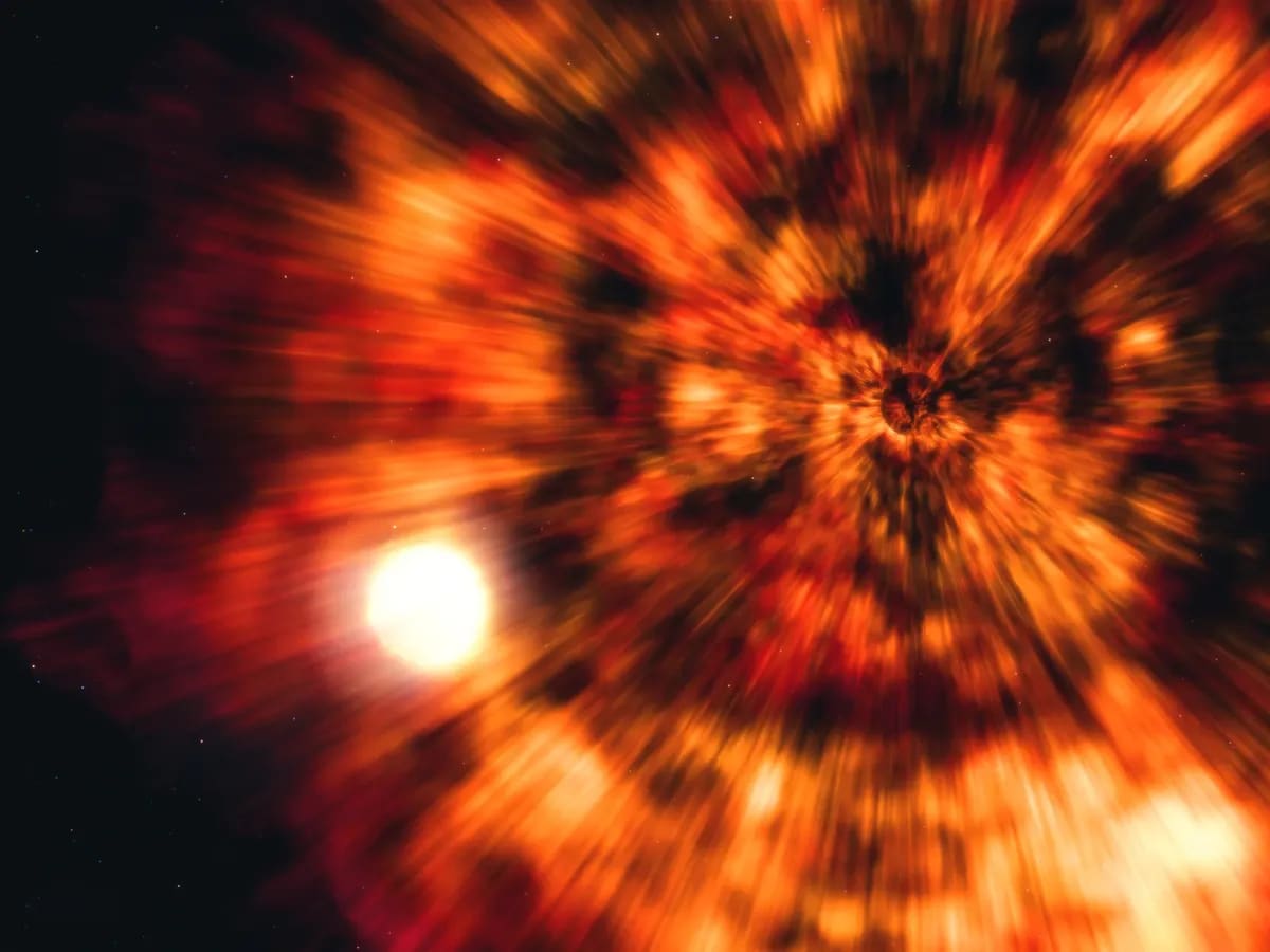 Representación artística de una supernova que forma un agujero negro y contamina a su estrella compañera.