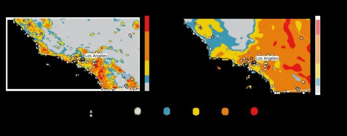 Comparación entre el modelo PoF del ECMWF y el índice FWI en la predicción de incendios activos en el sur de California el 7 de enero de 2025, con superposición de datos satelitales MODIS y VIIRS."