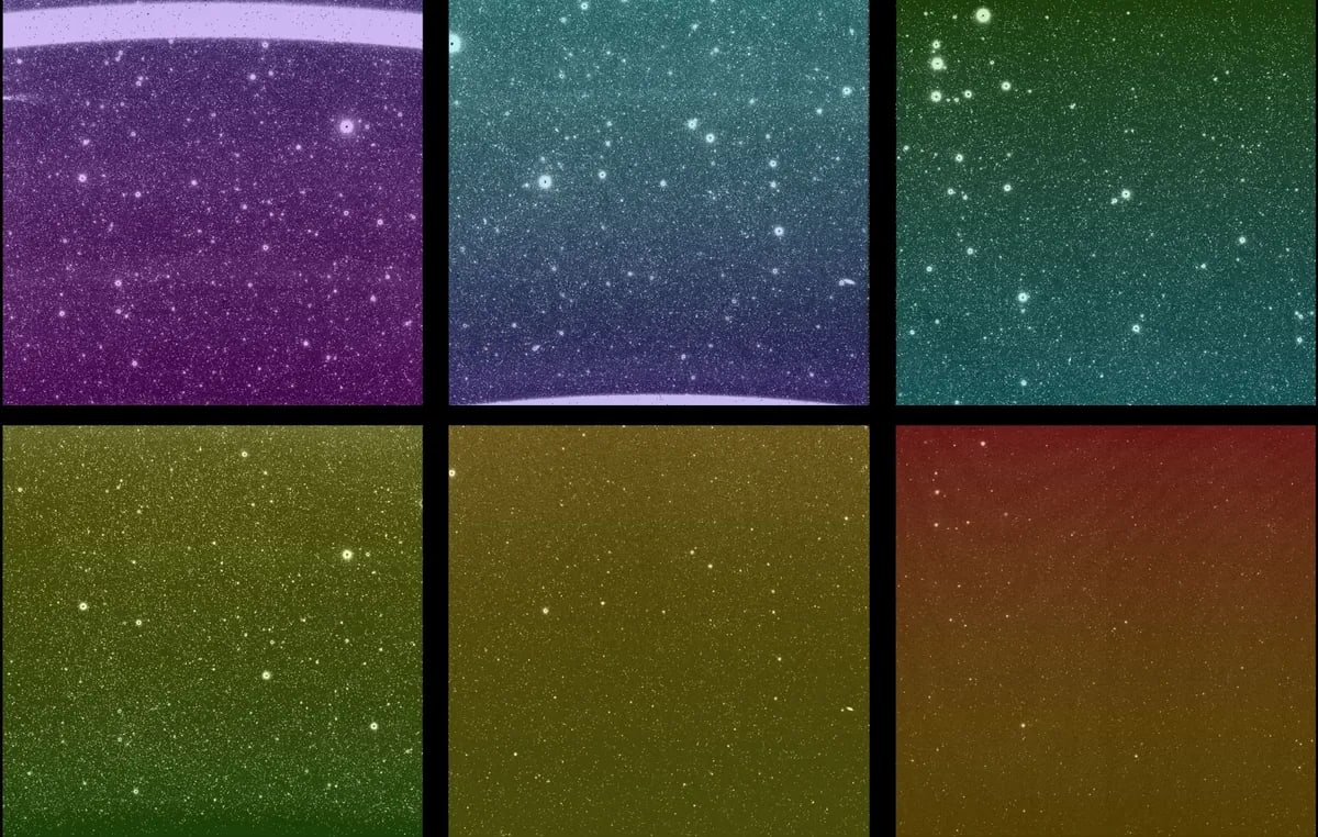 Imagen del campo de visión de SPHEREx en el cielo con miles de galaxias captadas por sus detectores