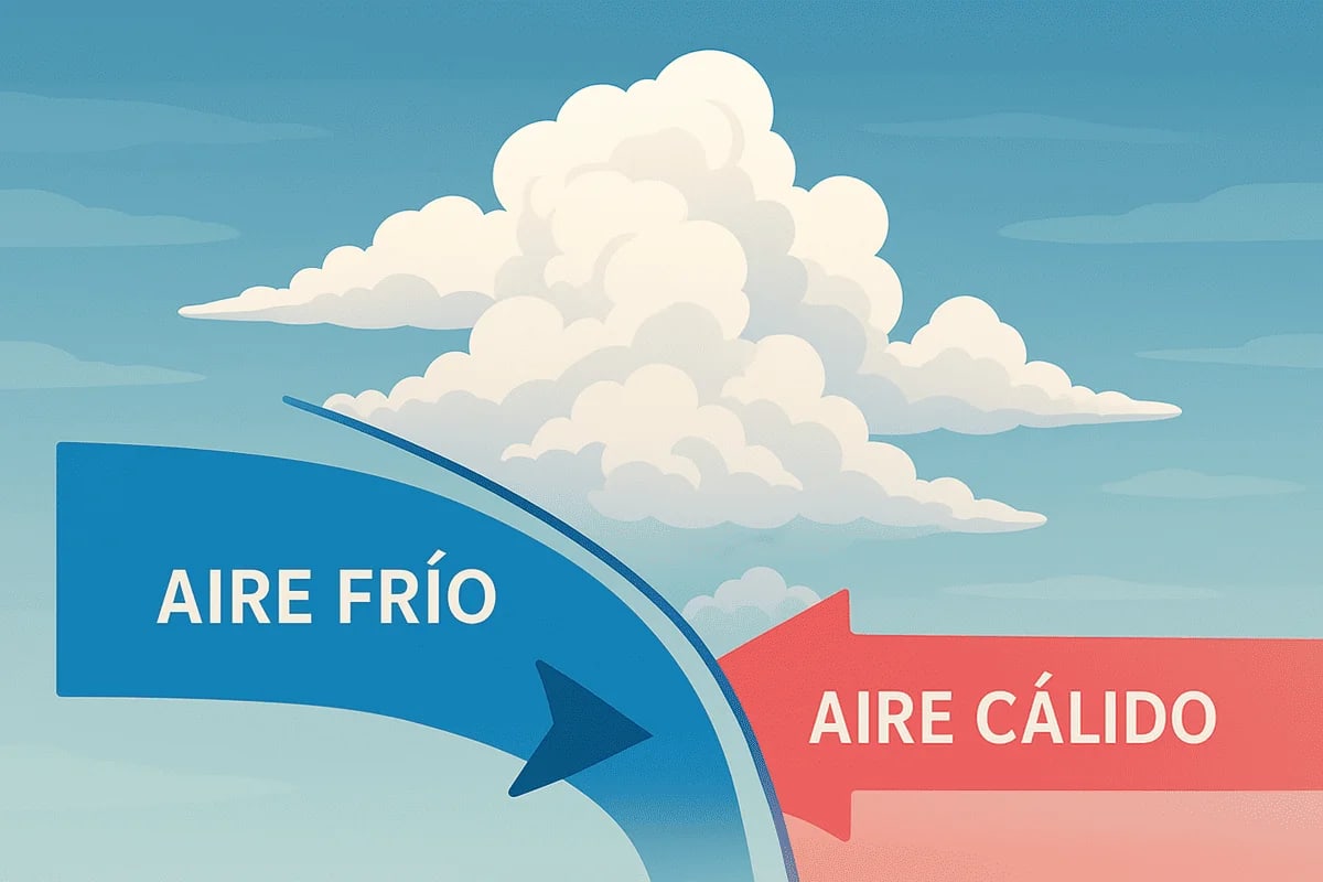 Ilustración educativa que muestra el avance de una masa de aire frío desplazando al aire cálido, con formación de nubes en la zona de contacto.