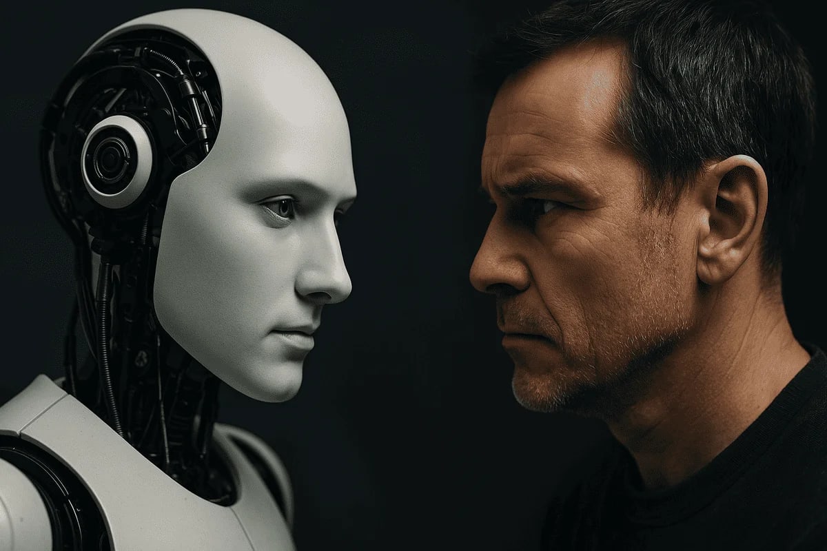 Confrontación simbólica entre humano y robot humanoide mirando frente a frente