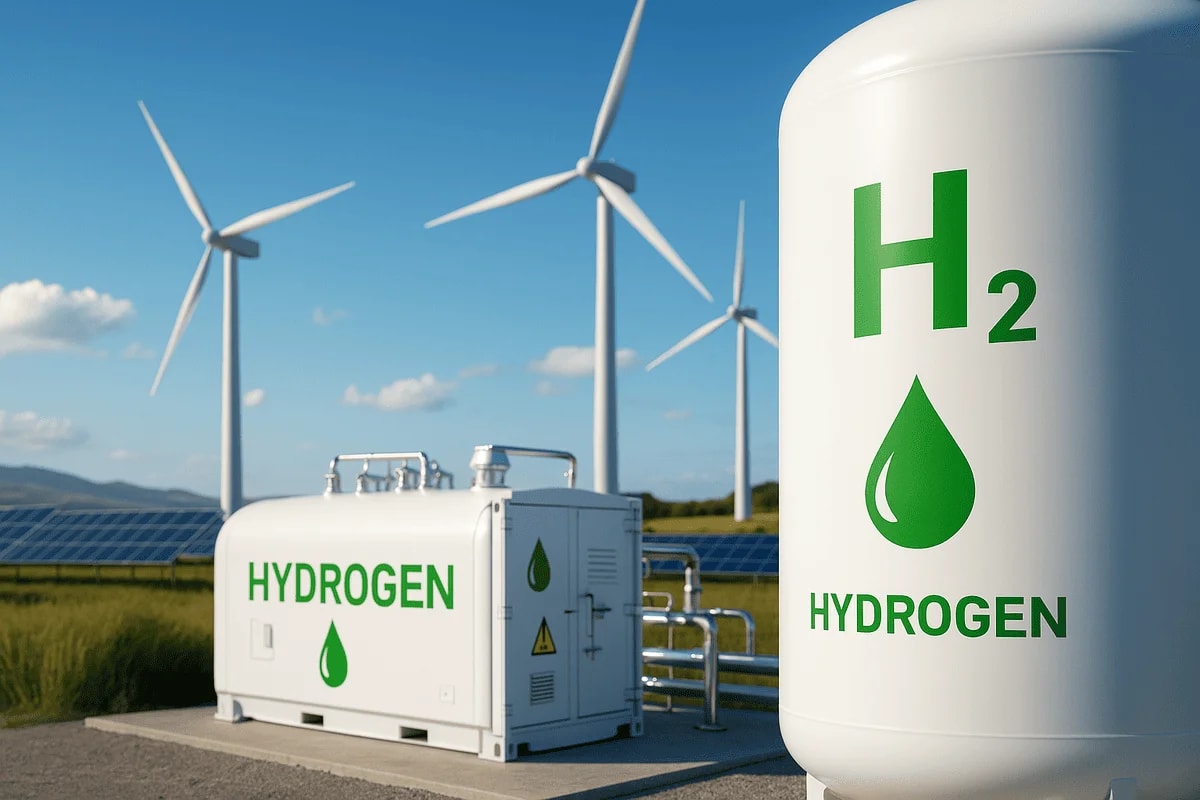 Instalación de hidrógeno verde con aerogeneradores y paneles solares al fondo