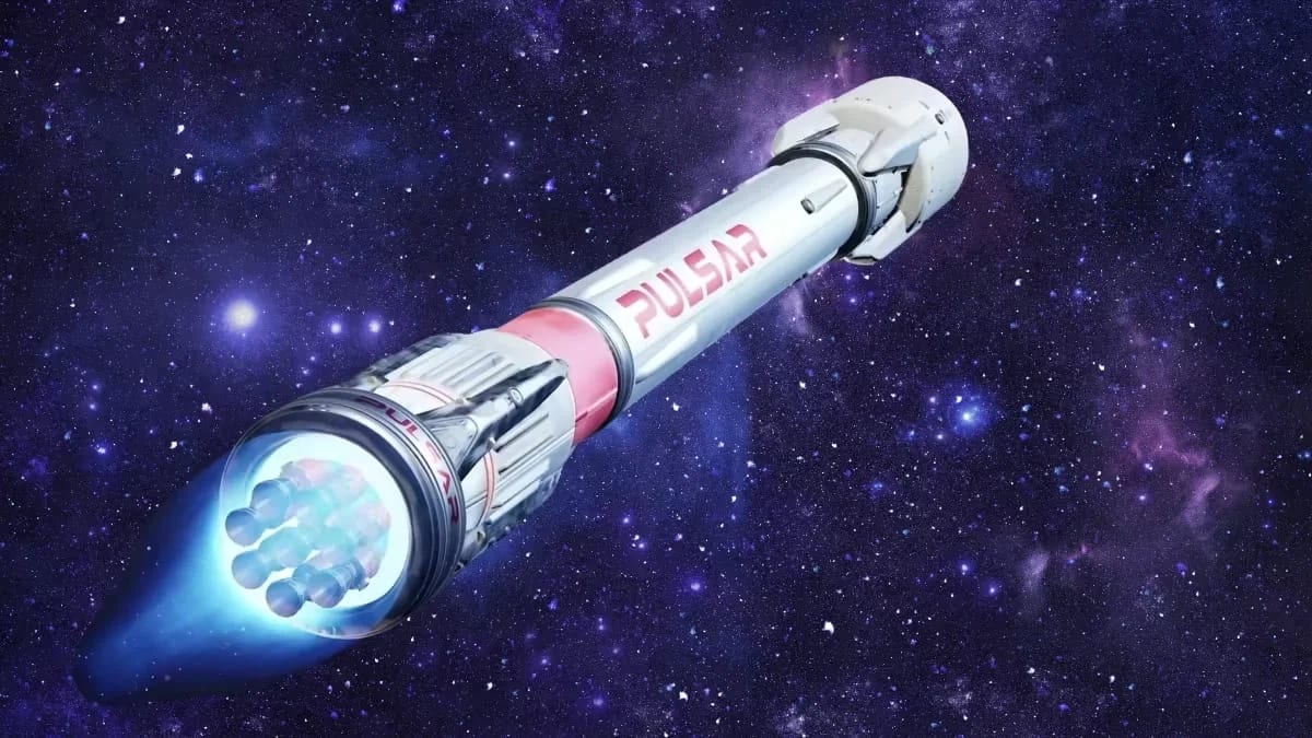 Representación artística del cohete de fusión nuclear de Pulsar Fusion avanzando por el espacio.