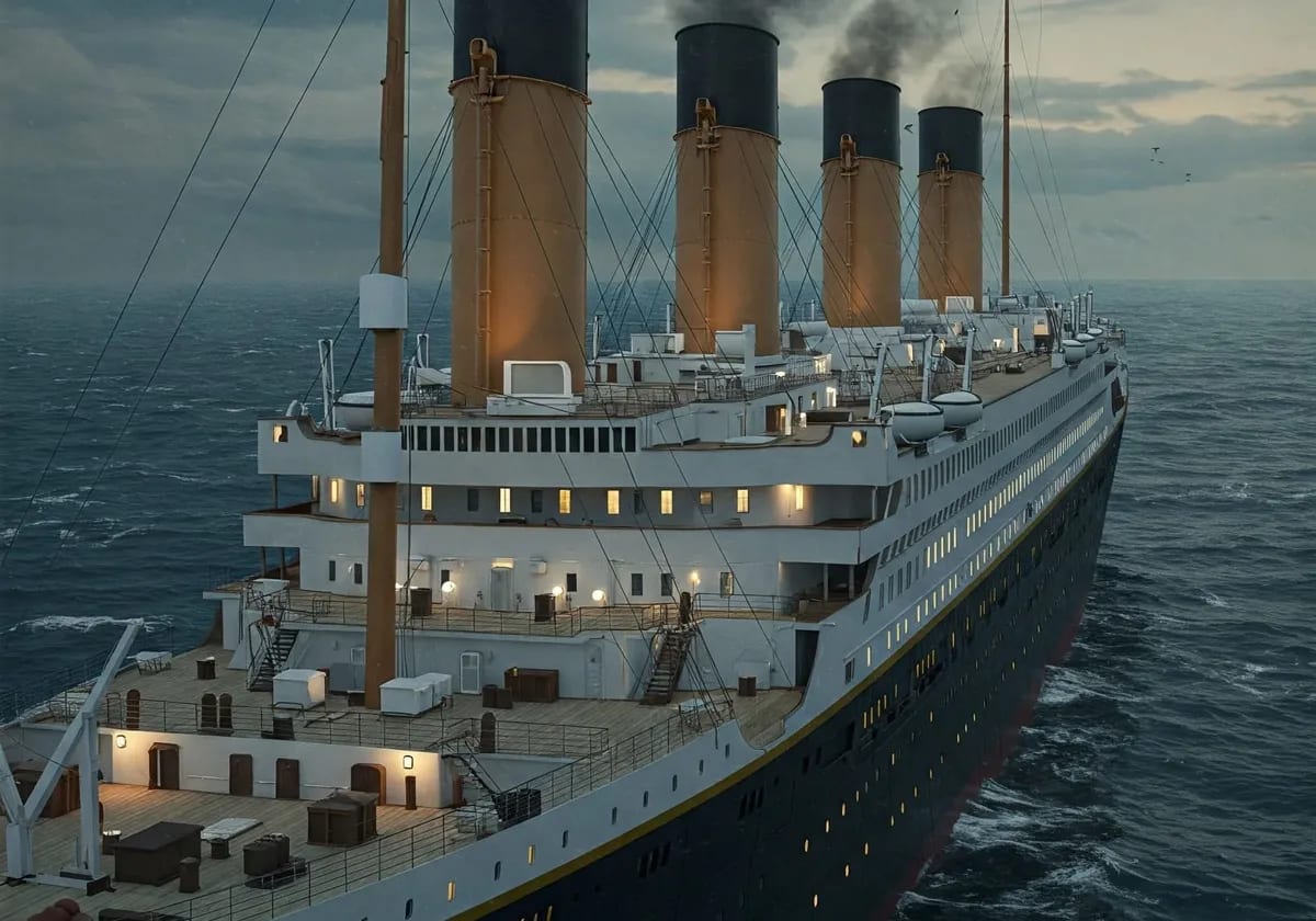 Representación artística hiperrealista del RMS Titanic navegando antes del hundimiento.