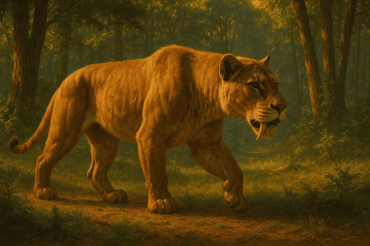 Ilustración hiperrealista de un tigre dientes de sable caminando por un bosque restaurado con luz dorada.