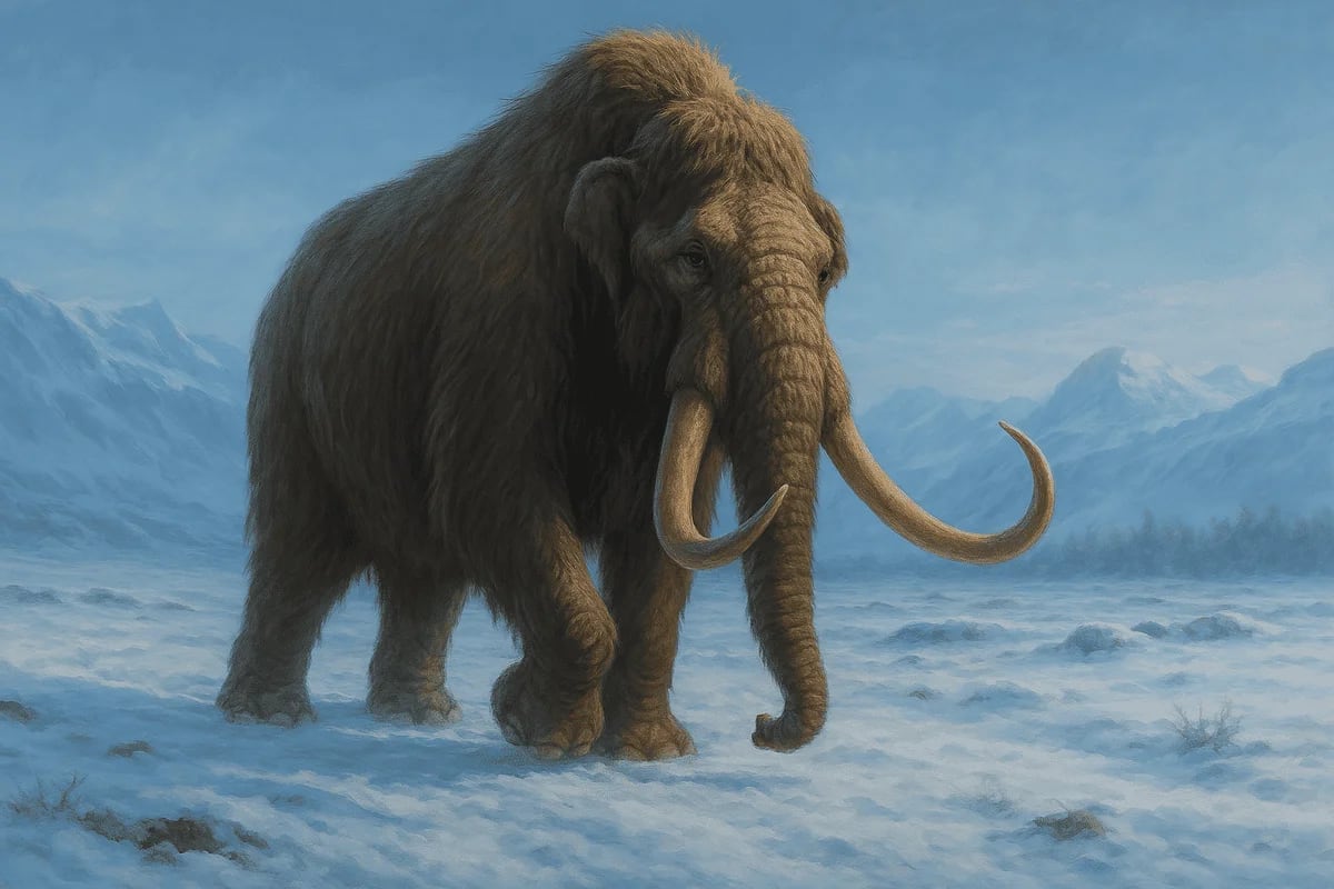 Ilustración realista de un mamut lanudo caminando hacia el espectador en un paisaje nevado del Pleistoceno.