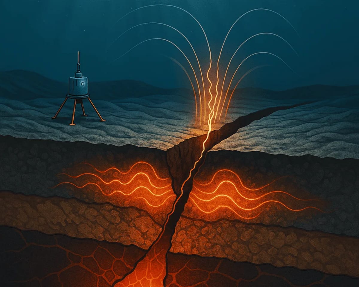 Ilustración científica submarina de una falla transformante con zonas de alta conductividad eléctrica asociadas a actividad magmática