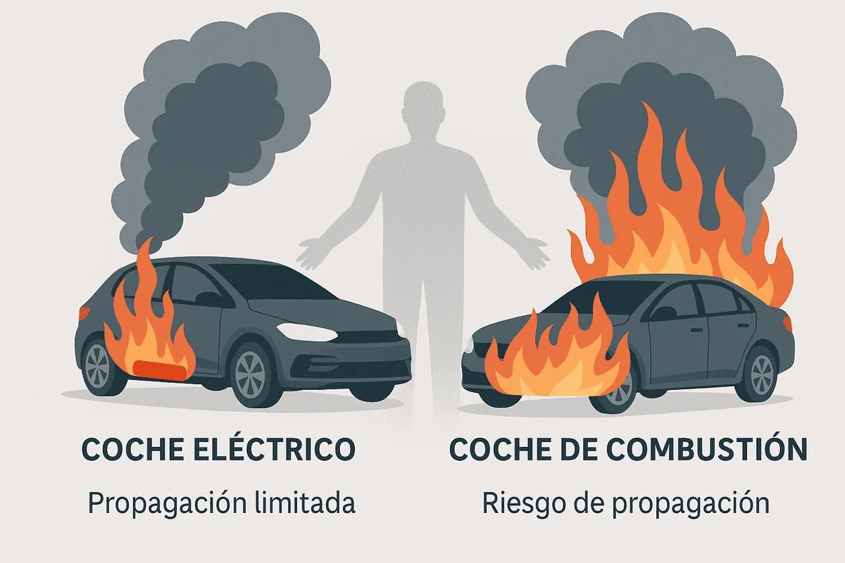 Comparación visual entre incendios en coches eléctricos y de combustión