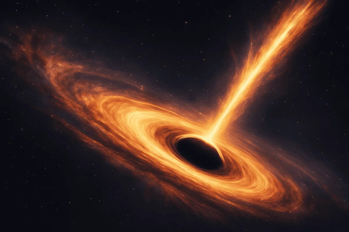 Ilustración digital de un agujero negro emitiendo una erupción de rayos X en un entorno galáctico