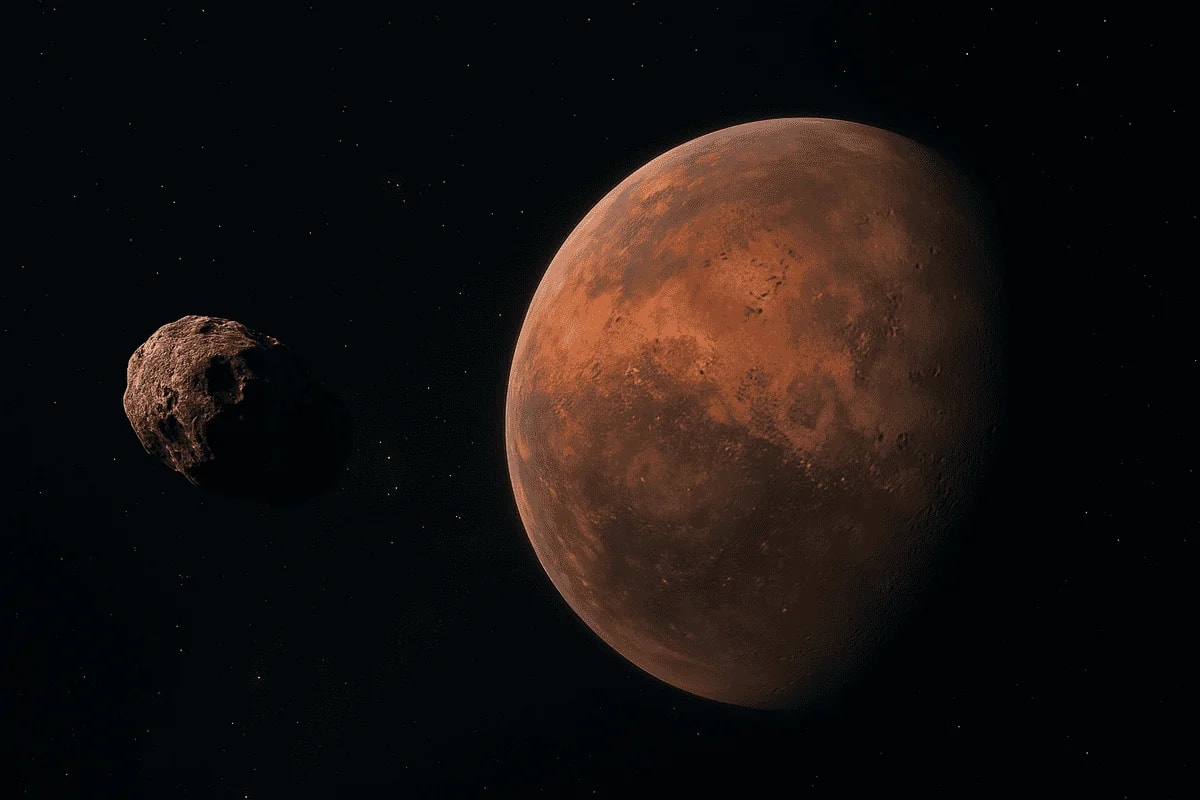 Imagen realista del planeta Marte visto desde el espacio con un asteroide aproximándose.