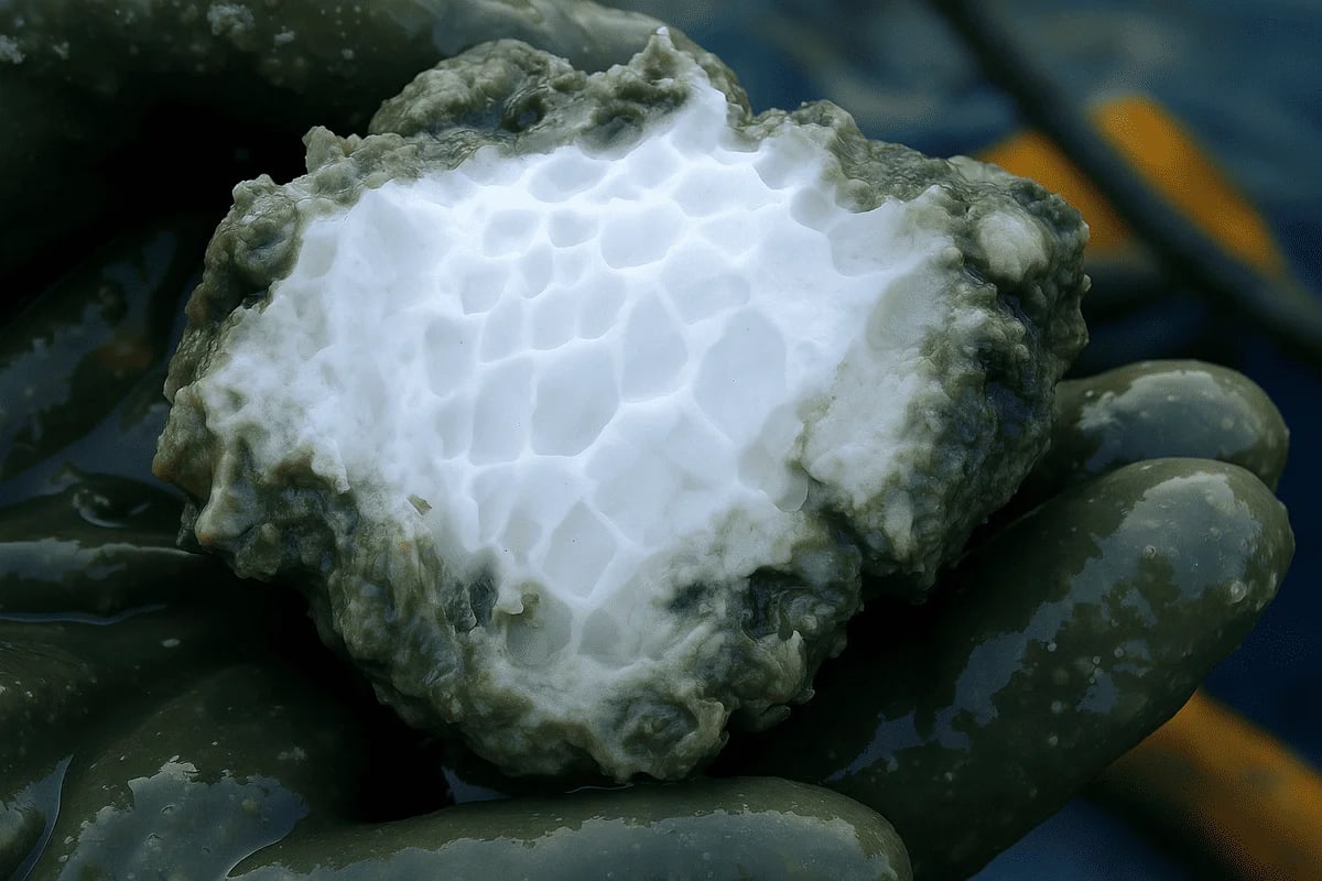 Fragmento de hidrato de metano extraído del lecho marino, con estructura cristalina visible.