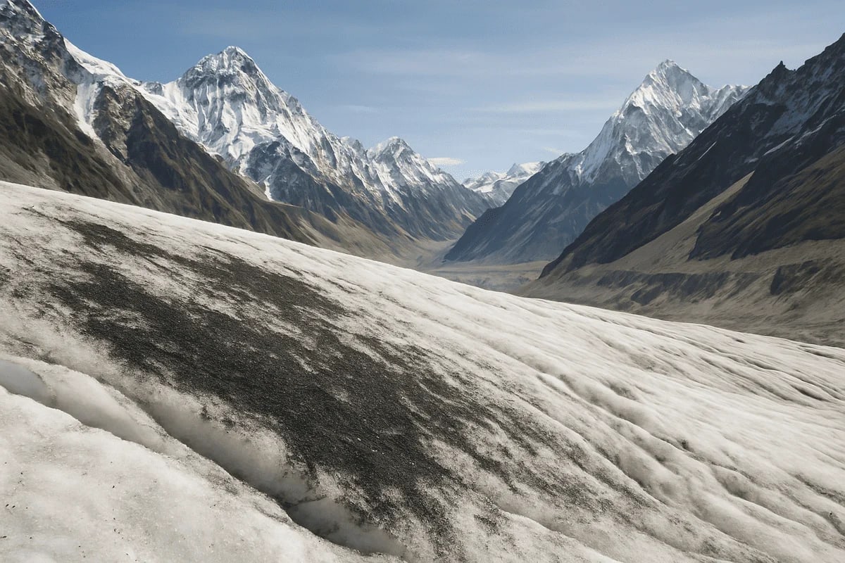 Glaciar con depósito de carbono negro en la superficie, rodeado de montañas nevadas