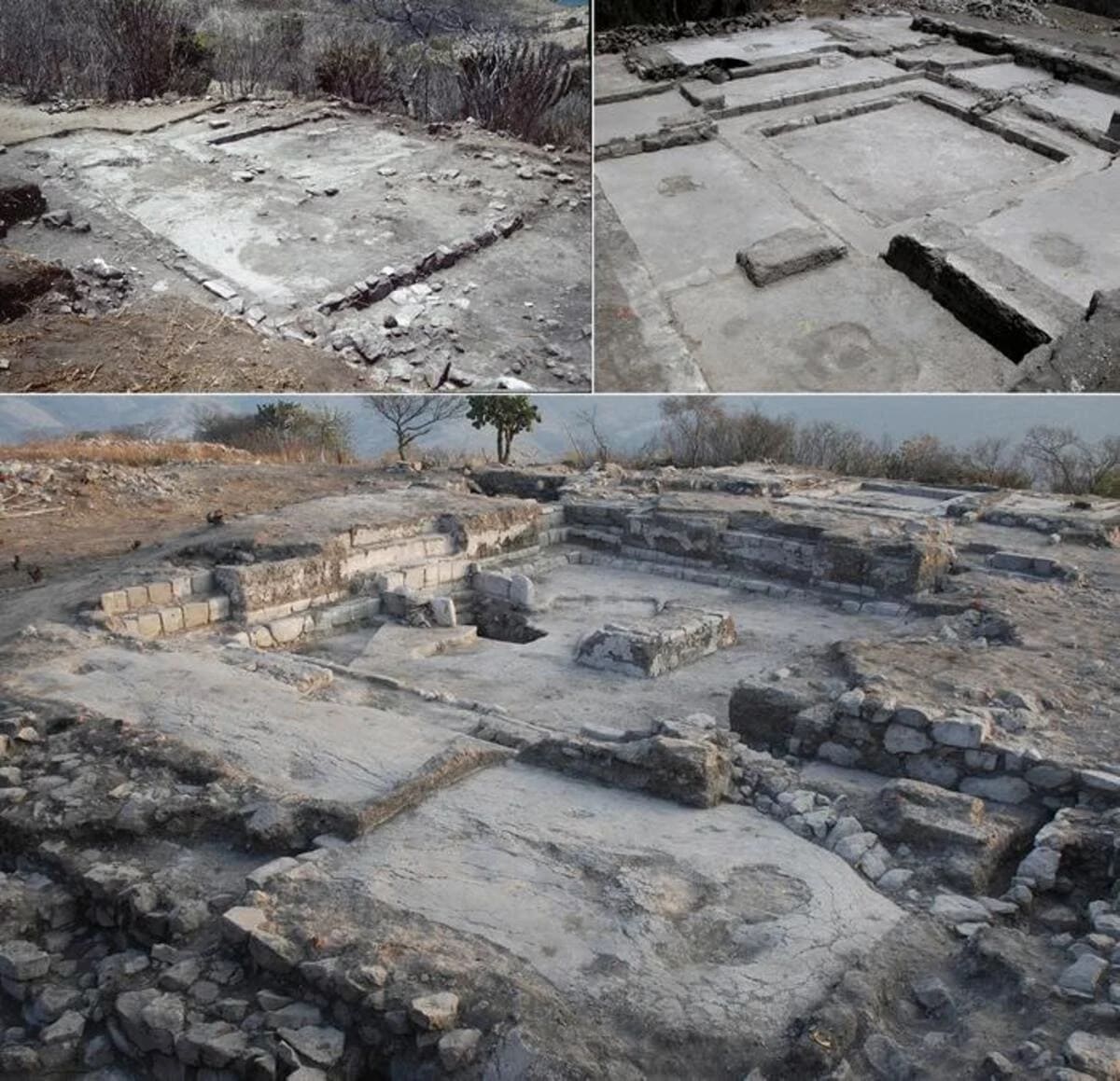 Vista arqueológica de tres viviendas del periodo Clásico excavadas en El Palmillo, Oaxaca