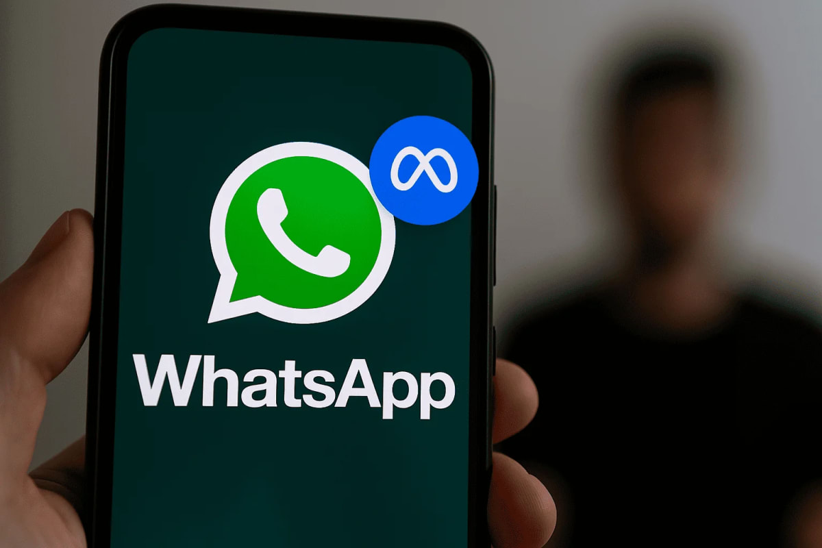 Ícono de WhatsApp con el distintivo de Meta AI superpuesto, en primer plano sobre una figura humana desenfocada