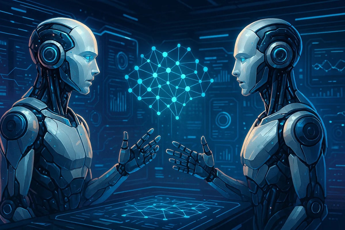 Ilustración de dos inteligencias artificiales humanoides conversando entre sí en un entorno digital futurista
