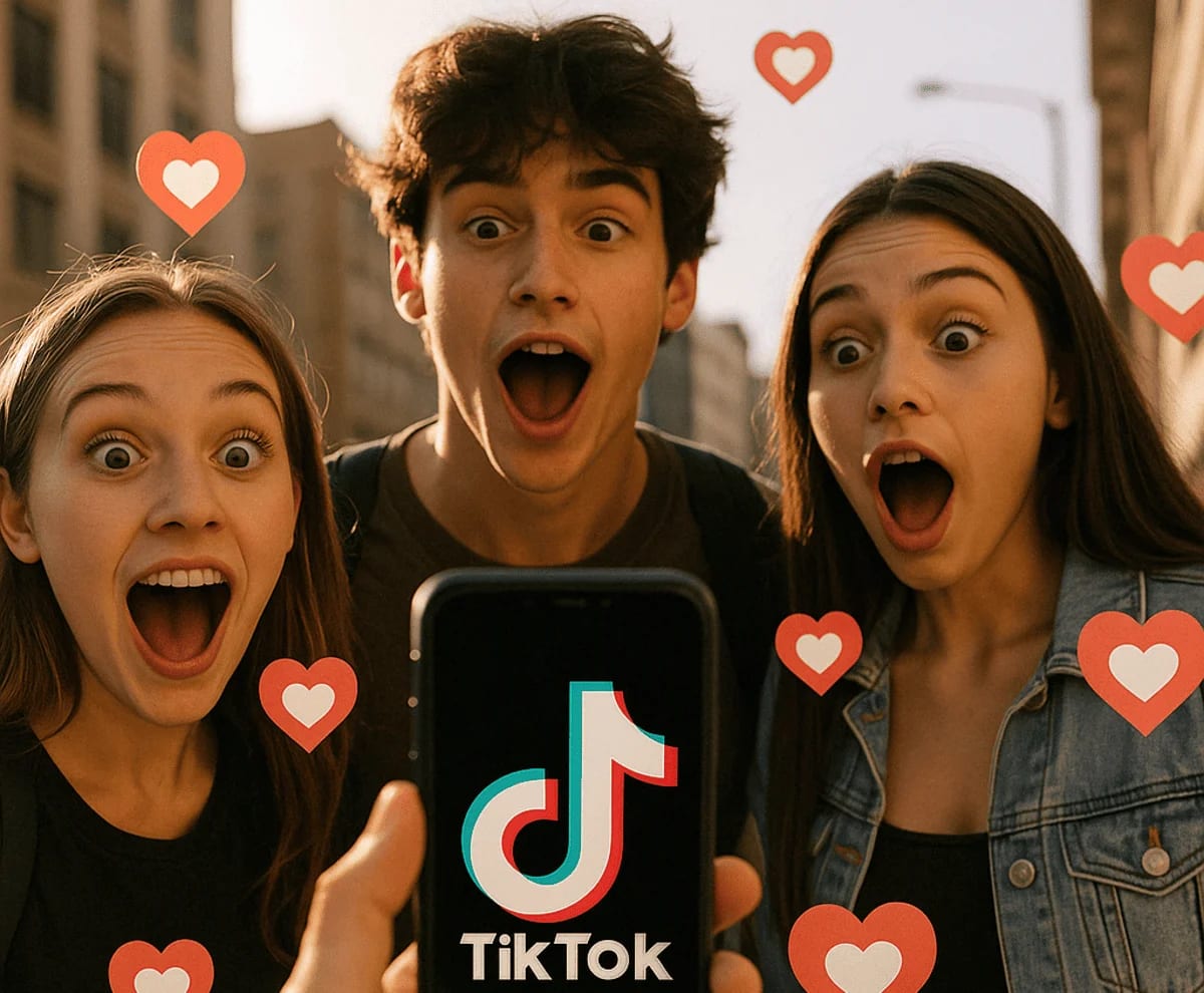 Tres adolescentes sorprendidos mirando un celular con el logo de TikTok, rodeados de íconos de corazones