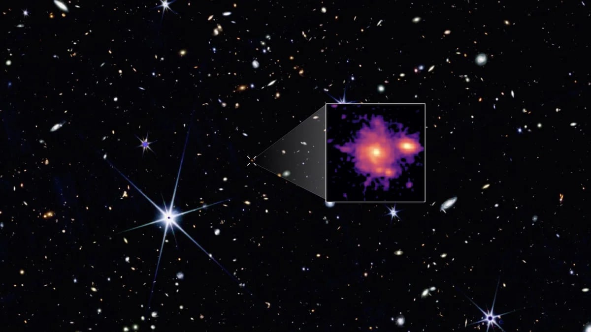 Imagen infrarroja de la galaxia Zhúlóng, capturada por el JWST, mostrando brazos espirales definidos en el universo temprano.