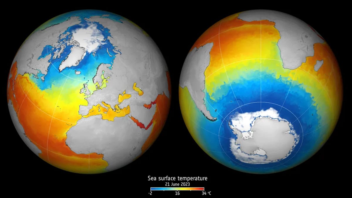 Mapa global animado de la temperatura de la superficie del mar en junio de 2023, con datos satelitales de la ESA