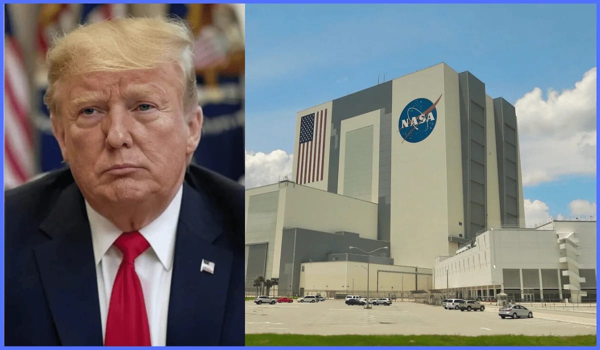 Imagen combinada de Donald Trump y el edificio de la NASA, mostrando la fachada con la bandera estadounidense y el logo de la agencia espacial.