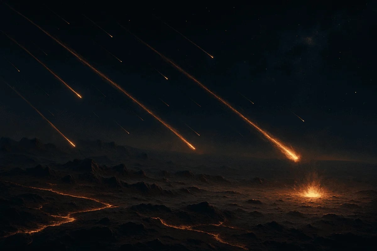 Un paisaje oscuro de un planeta rocoso con meteoritos cayendo, dejando rastros de luz en el cielo y el impacto iluminando el suelo.