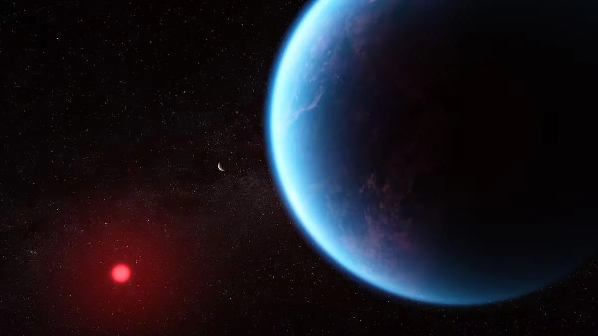 Imagen artística del exoplaneta K2-18b orbitando sobre una estrella enana roja.