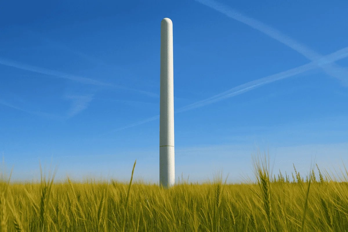 Turbina eólica sin aspas instalada en un campo bajo cielo despejado