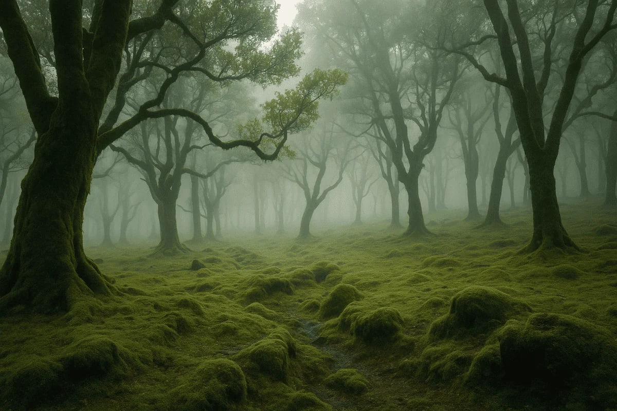 Bosque envuelto en niebla con árboles cubiertos de musgo en Transilvania