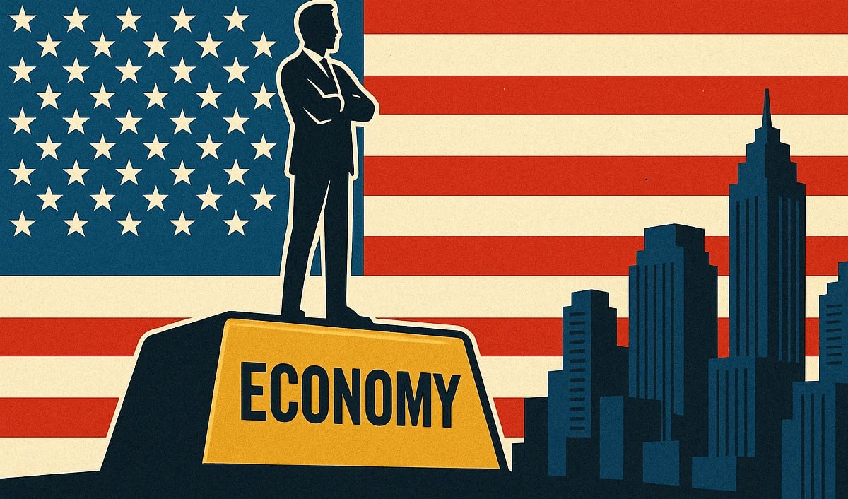 Ilustración de la economía estadounidense representada por un empresario sobre una base dorada