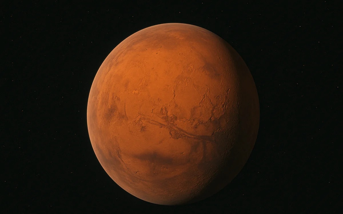 Vista de Marte desde el espacio con su superficie rojiza destacando en el vacío estelar